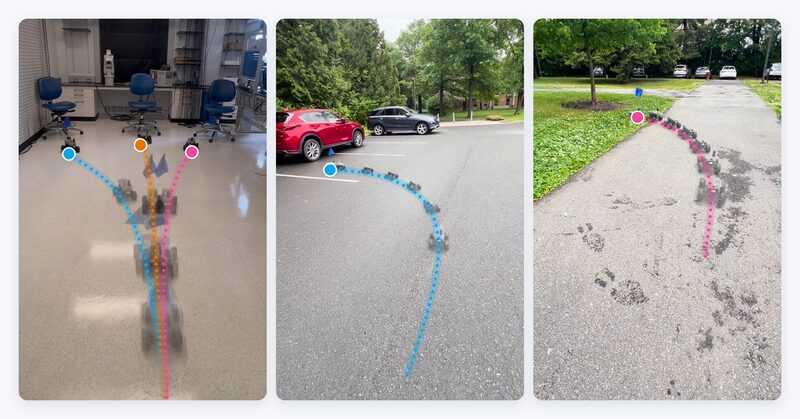FrodoBot rover trajectories steered by language toward different targets, indoors and outdoors