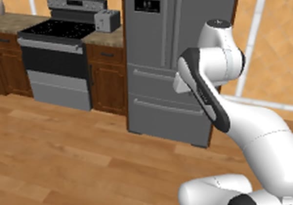 Mobile manipulator in a RoboCasa kitchen navigating to the fridge